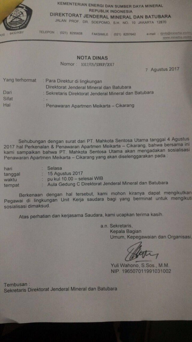 Surat sosialisasi apartemen Meikarta. (Foto: Istimewa)
