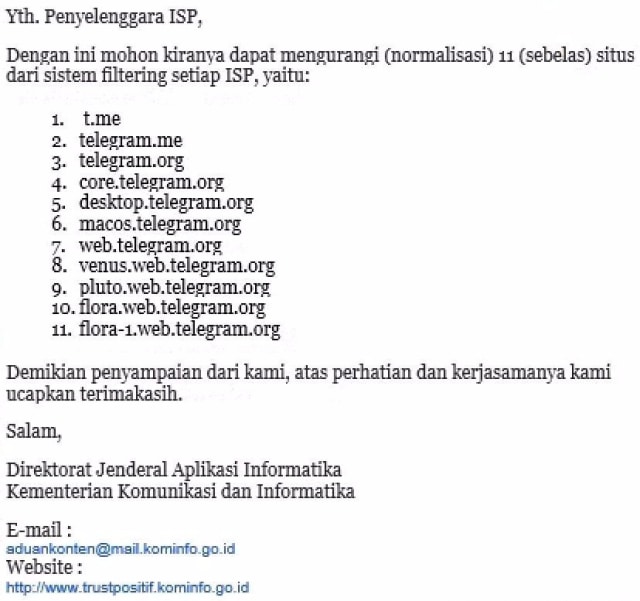 Surat perintah normalisasi Telegram dari Kominfo. (Foto: Istimewa)