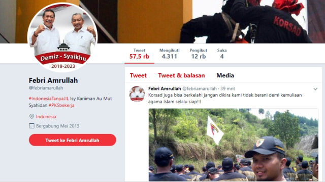 Akun palsu Febri Amrullah (Foto: Twitter)