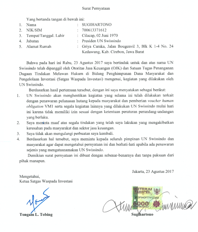Surat pernyataan UN Swissindo dan OJK (Foto: dok OJK)