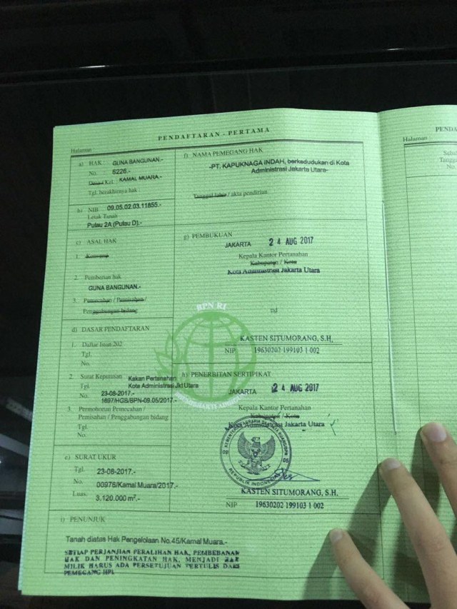 Sertifikat Hak Guna Bangunan Pulau D yang beredar. (Foto: Istimewa)