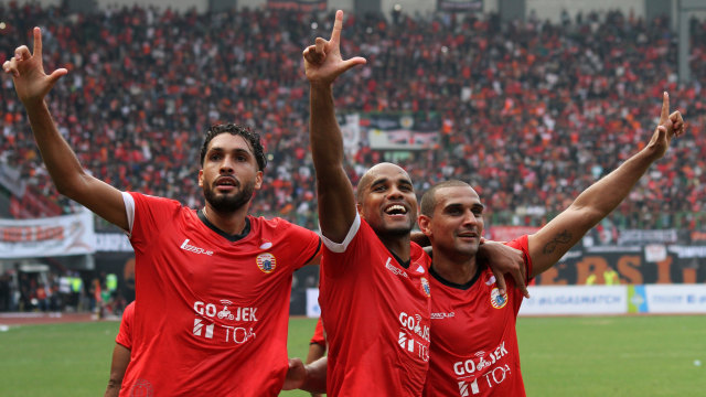 Pemain-pemain Persija merayakan gol. (Foto: ANTARA/Risky Andrianto)