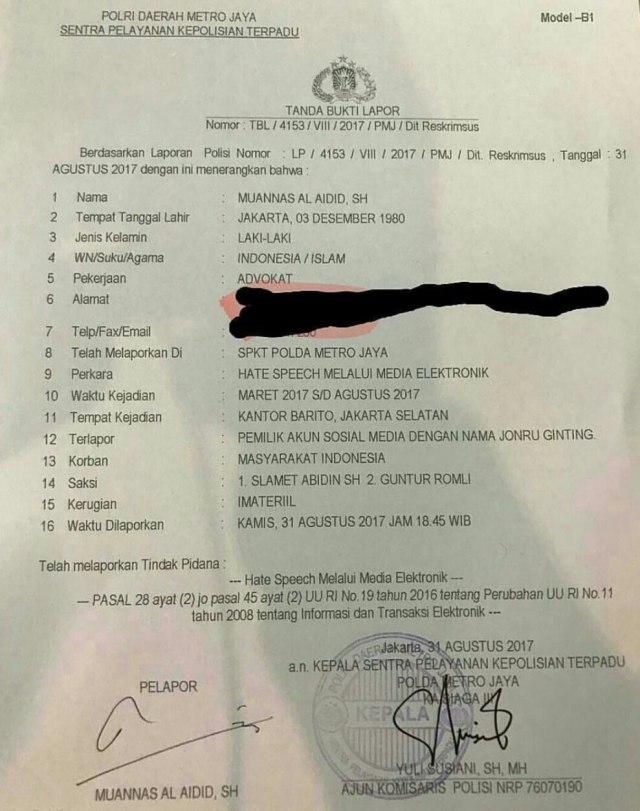 Surat Jonru dilaporkan. (Foto: Istimewa)