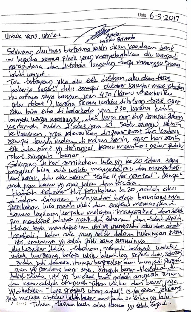 Surat Ahok untuk Veronica (Foto: Dok. Istimewa)