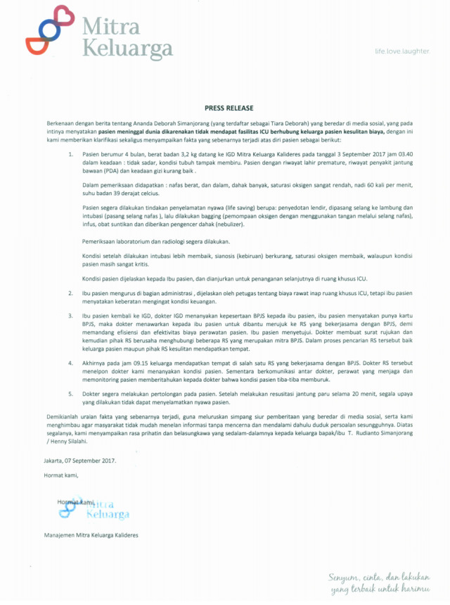 Tanggapan RS Mitra Kalideres mengenai Debora (Foto: http://mitrakeluarga.com)