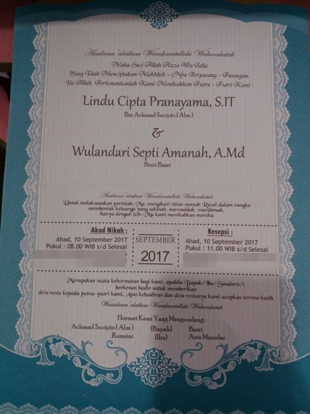 Undangan Pernikahan Lindu dan Wulan (Foto: Dok. Lindu Cipta)