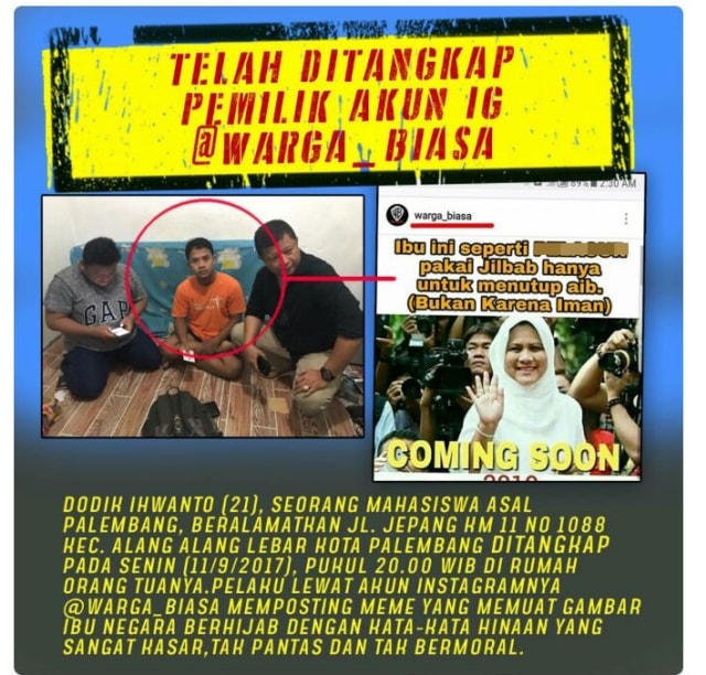 Pelaku yang menghina Iriana Jokowi ditangkap.  (Foto: Twitter/@lini_kota)