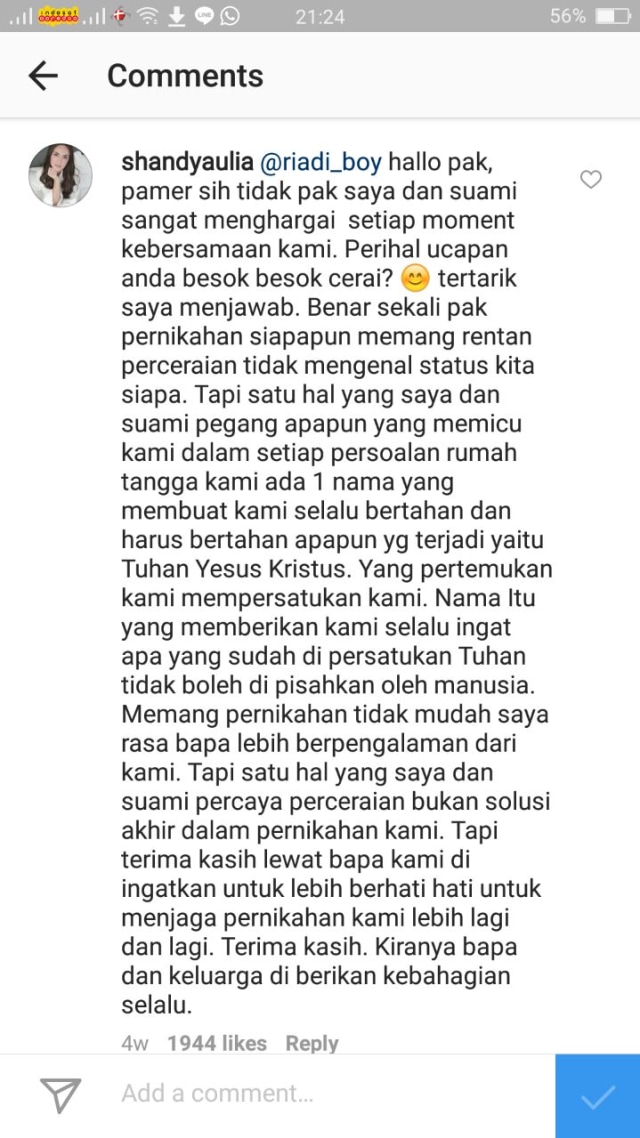 Balasan Shandy Aulia di Komentar Instagramnya (Foto: Screenshoot Instagram)