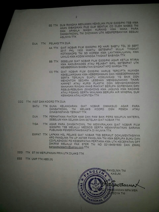 Telegram TNI soal nobar Film G30S/PKI. (Foto: Dok. Istimewa)