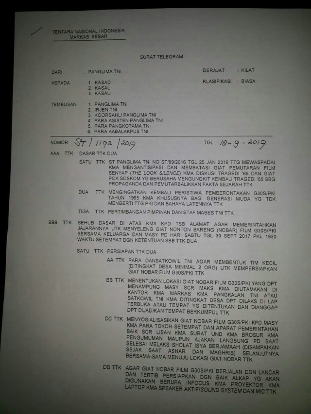 Telegram TNI soal nobar Film G30S/PKI. (Foto: Dok. Istimewa)