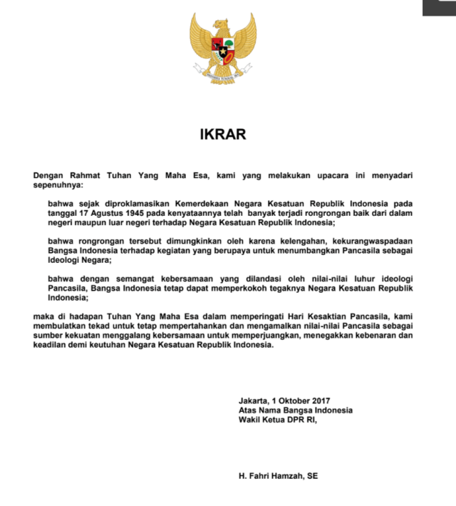 Ikrar yang Dibacakan oleh Fahri Hamzah (Foto: Istimewa)