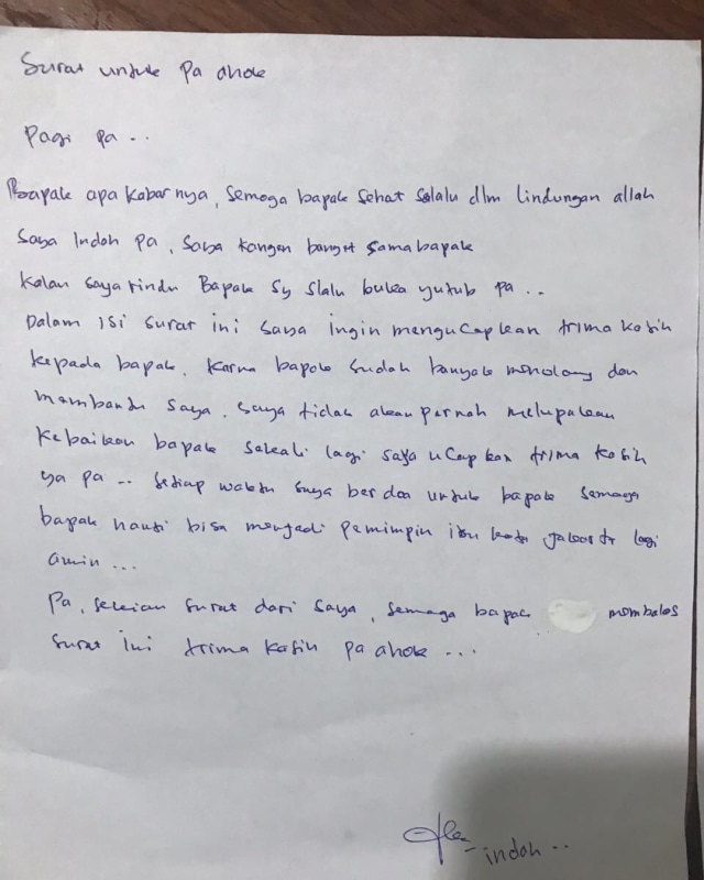 Surat dari Indah untuk Ahok (Foto: Instagram @basukibtp)