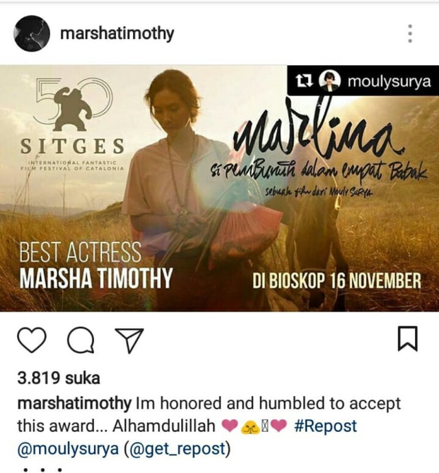 Marsha Timothy sang Aktris Terbaik di Sitges Spanyol Kalahkan Nicole Kidman