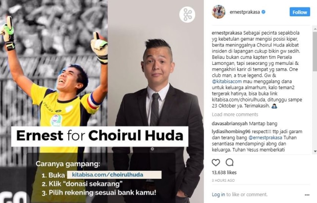 Postingan Instagram Ernest for Choirul Huda (Foto: Instagram @ernestprakasa)