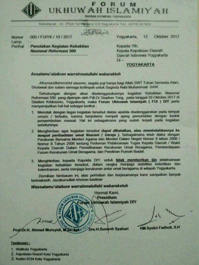 Surat penolakan FUI terhadap Pdt. Stephen Tong (Foto: Dok. Istimewa)
