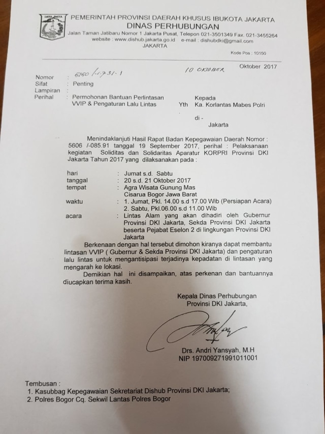 Surat permohonan bantuan lalin Anies (Foto: Dok. Istimewa)