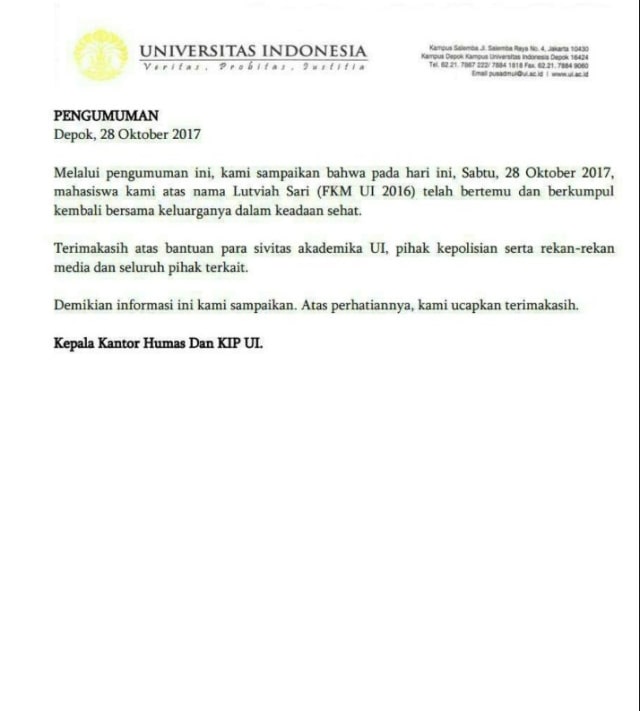 Mahasiswi UI yang hilang sudah ditemukan. (Foto: Dok. Humas UI)
