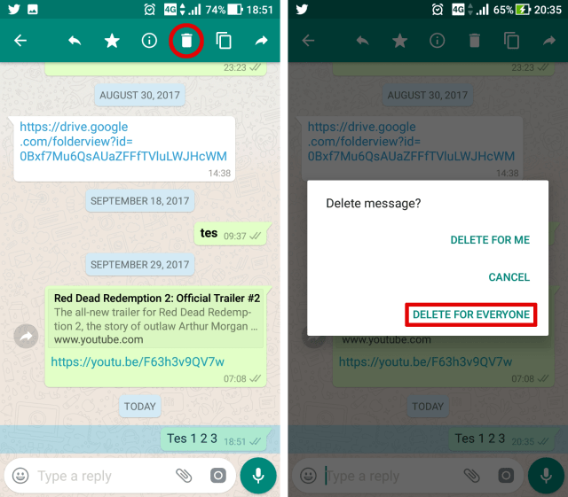 Pilih Delete For Everyone untuk hapus pesan salah. (Foto: Muhammad Fikrie/kumparan)