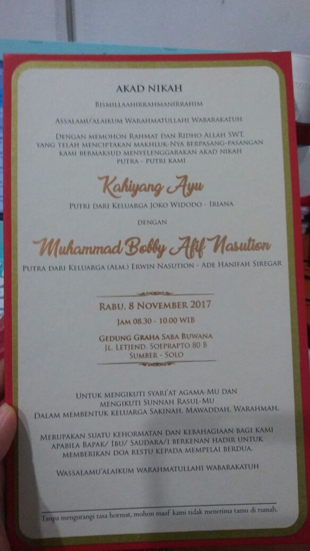 Surat Undangan Pernikahan Kahiyang-Bobby (Foto: Dok Istimewa)