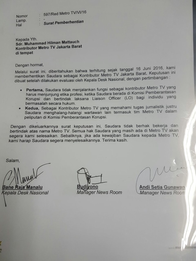 Surat Pemberhentian Hilman Mattauch (Foto: Istimewa)