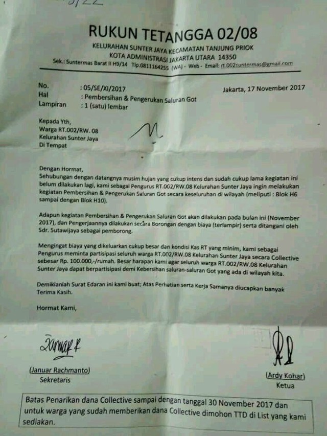 warga sunter dimintai pungutan pembersihan got (Foto: Dok.Istimewa)