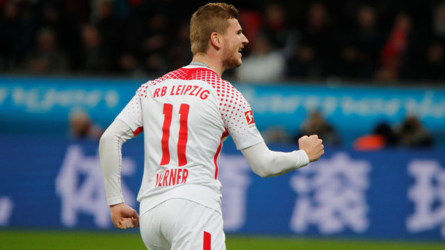 Werner merayakan gol untuk Leipzig. Foto: REUTERS/Wolfgang Rattay