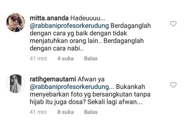 Komentar netizen soal iklan Rabbani. (Foto: Instagram)