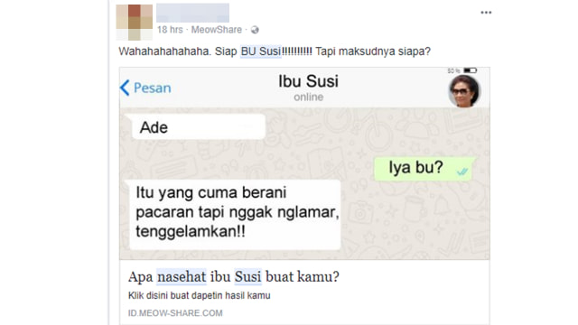 Kuis 'Nasihat Ibu Susi' di Facebook. (Foto: Screenshot Facebook)