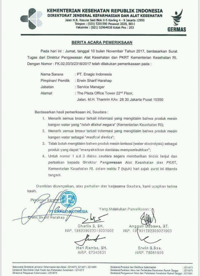 Surat Kemenkes terkait Kangen Water (Foto: Dok. Istimewa)