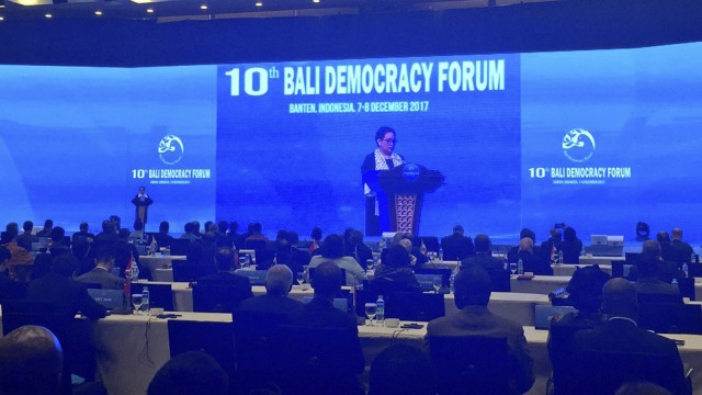Sambutan Menlu Retno dalam pembukaan BDF 10th (Foto: Twitter @Portal_Kemlu_RI)