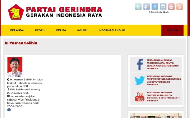 Data Yusnan Solihin di Gerindra (Foto: Gerindra)