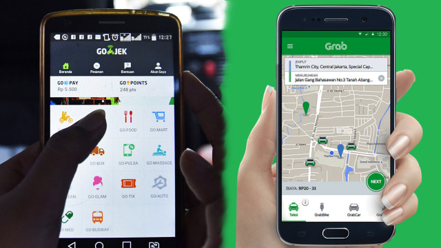 Aplikasi Go-Jek dan Grab. Foto: Antara dan Grab