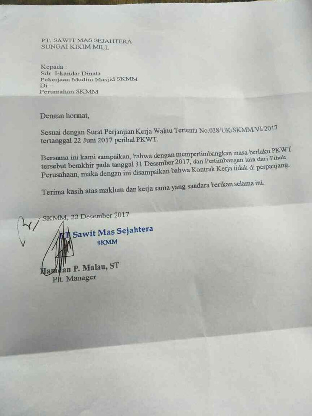 PT. Sawit Mas Sejahtera Kembali PHK Pimpinan Serikat Buruh dengan Alasan Habis Kontak