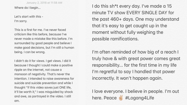 Permohonan maaf Logan Paul. (Foto: Twitter @LoganPaul)