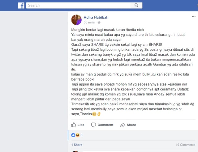 Permintaan maaf dari Adira (Foto: Facebook Adira Habibah)