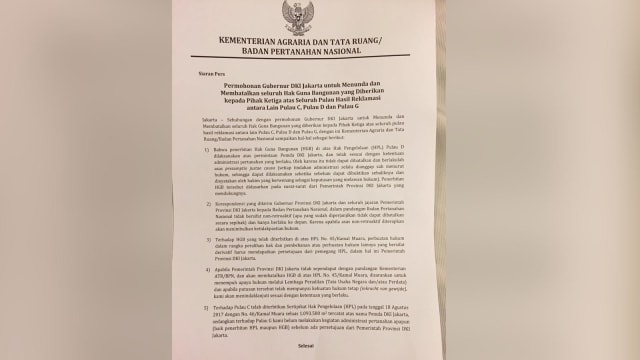 Surat tanggapan BPN atas pembatalan HGB reklamasi (Foto: Dok. BPN)