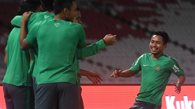 Andik pada sesi latihan Timnas di GBK. (Foto: Sigid Kurniawan/ANTARA)