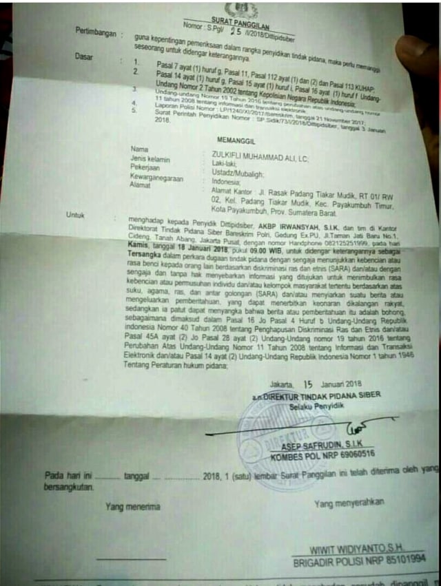 Ustaz Zulkifli ditetapkan tersangka. (Foto: Dok. Istimewa)