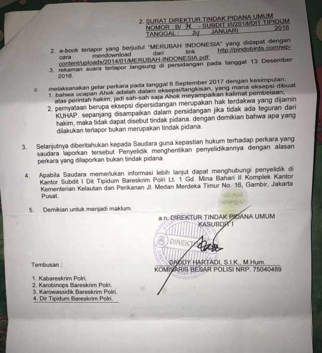 Surat pemberitahuan penghentian kasus Ahok (Foto: Dok. Habib Novel)