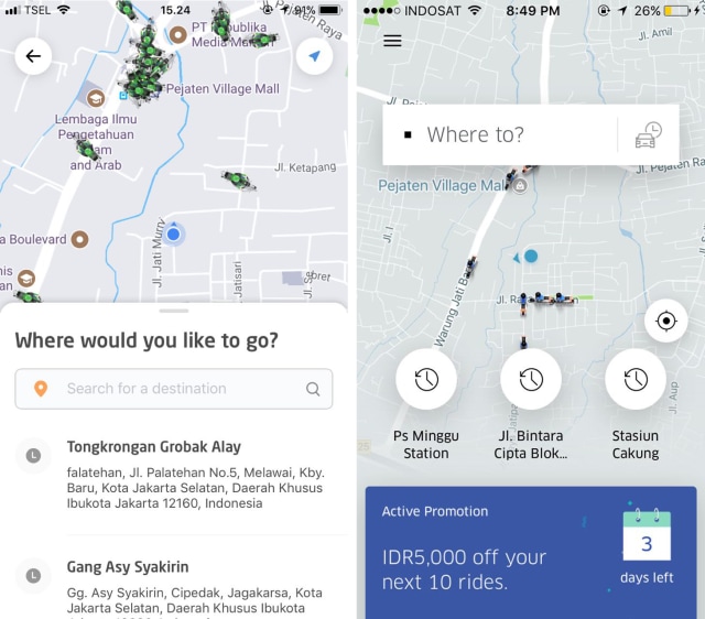 Perbedaan tampilan aplikasi Go-Jek dan Uber. (Foto: Astrid Rahadiani Putri/kumparan)
