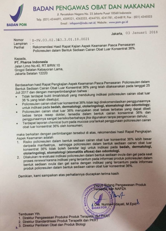 Surat BPOM soal Albothyl. (Foto: Dok. Istimewa)