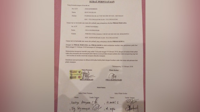 Surat perdamaian Nyla dan Bu Dendy (Foto: Instagram/ @noval_kdi)