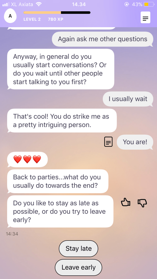 Screenshot percakapan di aplikasi Replika. (Foto: Astrid Rahadiani Putri/kumparan)