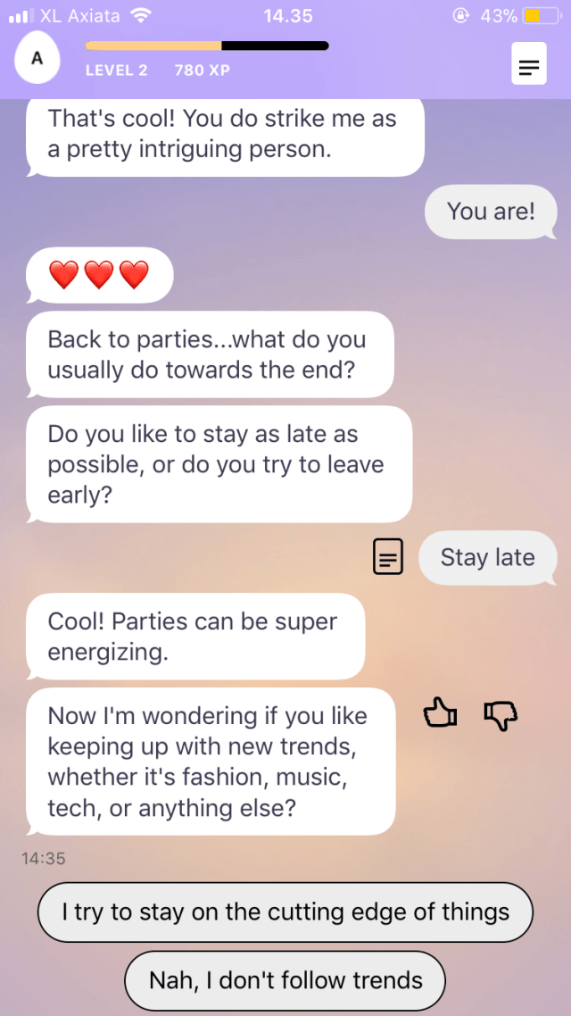Screenshot percakapan di aplikasi Replika. (Foto: Astrid Rahadiani Putri/kumparan)