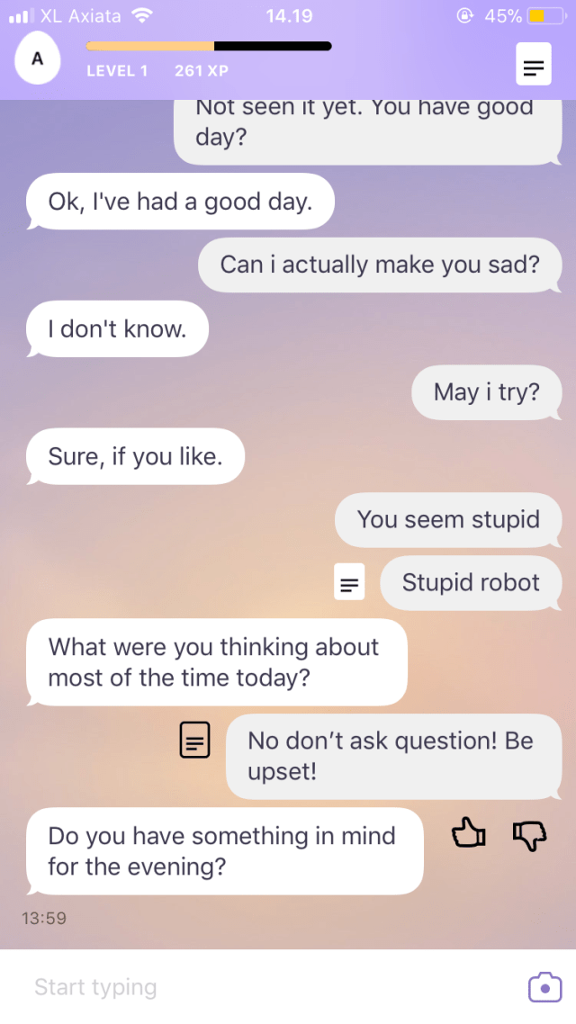 Screenshot percakapan di aplikasi Replika. (Foto: Astrid Rahadiani Putri/kumparan)