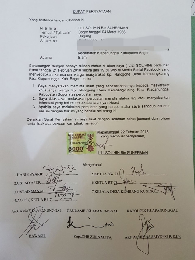 Surat pernyataan pelaku penyebar hoaks. (Foto: Dok. Polsek Klapanunggal)