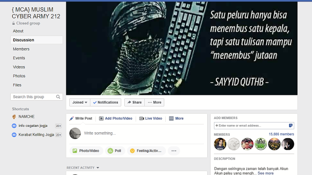 Grup (MCA) Muslim Cyber Army 212 di Facebook (Foto:  Agritama Prasetyanto/kumparan)