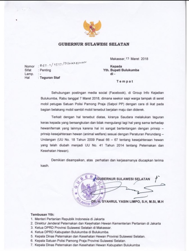 Surat teguran perihal sapi diseret Satpol PP (Foto: Dok. Istimewa)