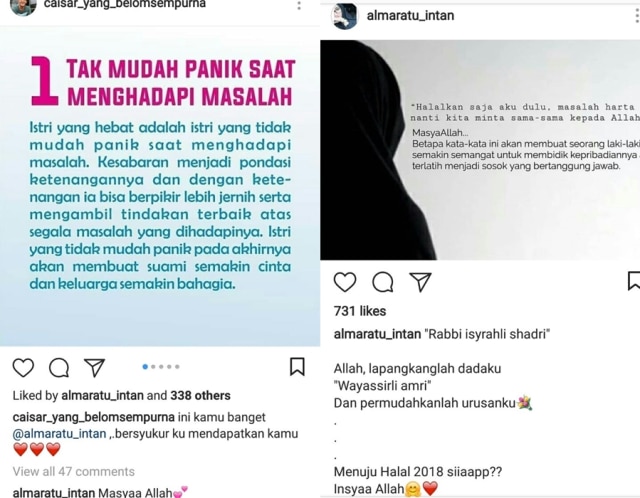 Saling lempar kode Caisar dan kekasihnya. (Foto: Instagram/@caisar_yang_belomsempurna dan @almaratu_intan Ikuti)