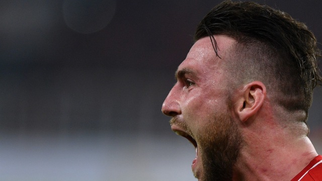 Selebrasi Marko Simic di laga vs Arema. (Foto: Antara/Sigid Kurniawan)